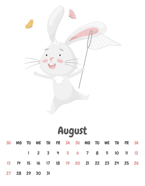 Página do calendário para o mês de agosto de 2023 com um coelho engraçado fofo pegando borboletas com uma rede animal adorável um personagem em cores pastel calendário infantil ilustração vetorial em branco