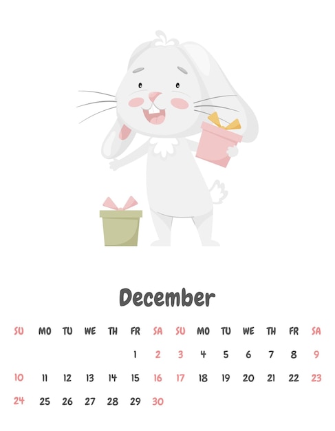 Página do calendário para o mês de dezembro de 2023 com um coelho feliz fofo segurando caixas de presente Animal adorável um personagem em cores pastel Calendário infantil Ilustração vetorial em um fundo branco
