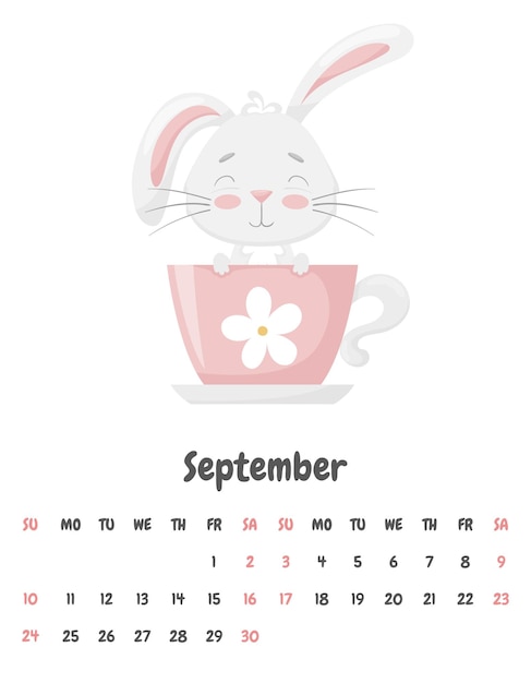 Página do calendário para o mês de setembro de 2023 com um coelho engraçado fofo sentado em uma xícara de chá Animal adorável um personagem em tons pastelCalendário infantil Ilustração vetorial em um fundo branco