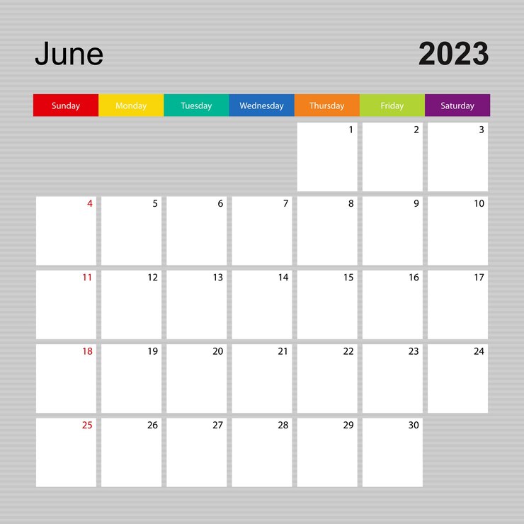 Vetor página do calendário para o planejador de parede de junho de 2023 com design colorido semana começa no domingo