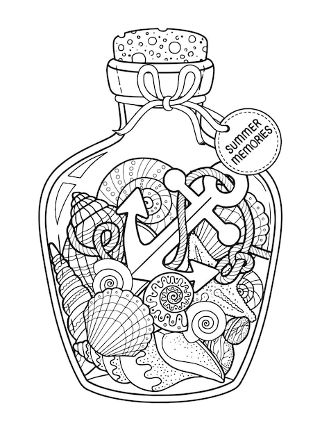 Página do livro de coloração vetorial para adultos conjunto de conchas em uma garrafa de vidro para memórias de verão