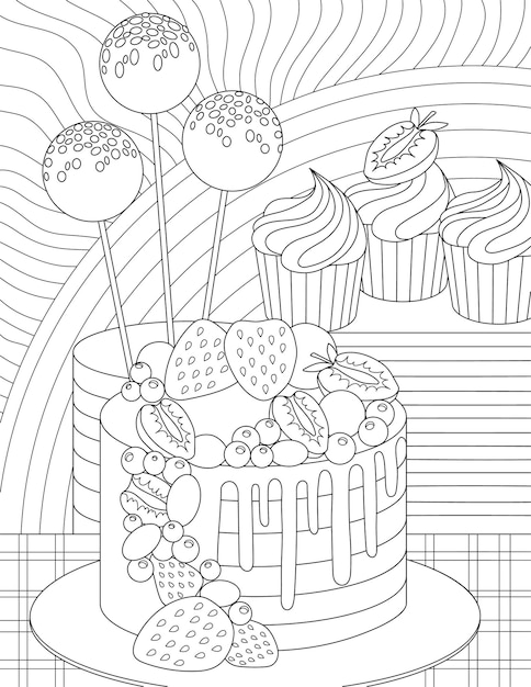 Vetor página do livro para colorir com bolos de aniversário com decorações frutadas e cupcakes na folha de mesa para ser colorido com sobremesa doce e muffins com morangos