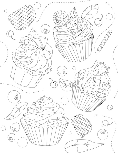 Vetor página do livro para colorir com diferentes cupcakes com frutas e folhas em folha de fundo para ser colorido com vários desertos de muffins com coberturas frutadas