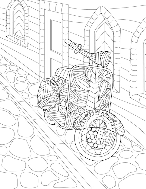 Página do livro para colorir com motocicleta estacionada na calçada ao lado da casa Folha para ser colorida com scooter detalhada na estrada ao lado do prédio feito de pedras