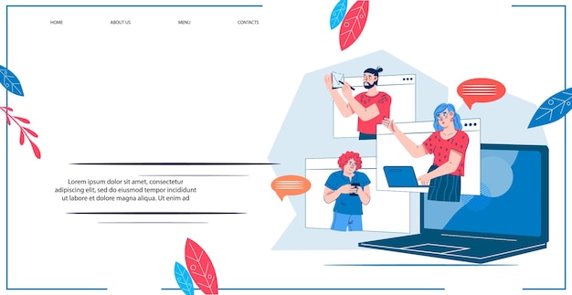 Página do site de aterrissagem de videoconferência ou reunião virtual layout de banner da web ilustração vetorial plana