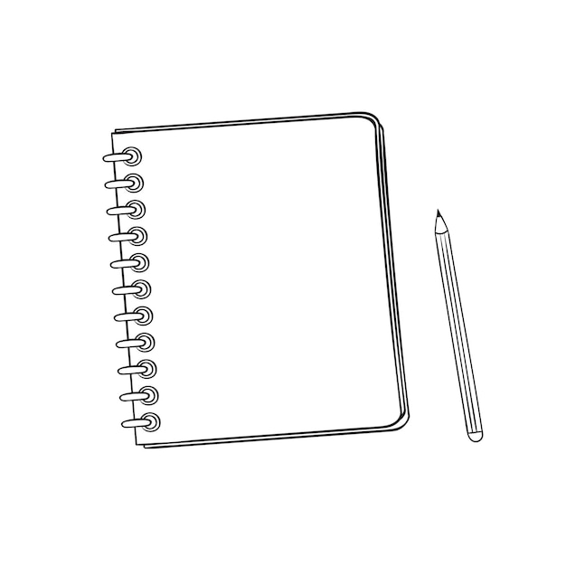 Página em branco do caderno, caderno, álbum. lápis deitar perto do notebook
