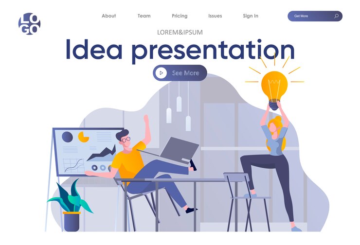 Vetor página inicial da apresentação da ideia com cabeçalho. fundadores de inicialização discutindo projeto, brainstorming e compartilhamento de idéias na cena do escritório. coworking, trabalho em equipe e criatividade situação ilustração plana.