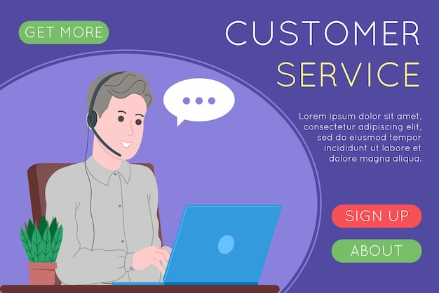 Vetor página inicial de call center, atendimento ao cliente, suporte e assistência. operador de linha direta de homem e mulher com fones de ouvido e laptop. conceito de telemarketing e consultoria. ilustração do vetor dos desenhos animados.