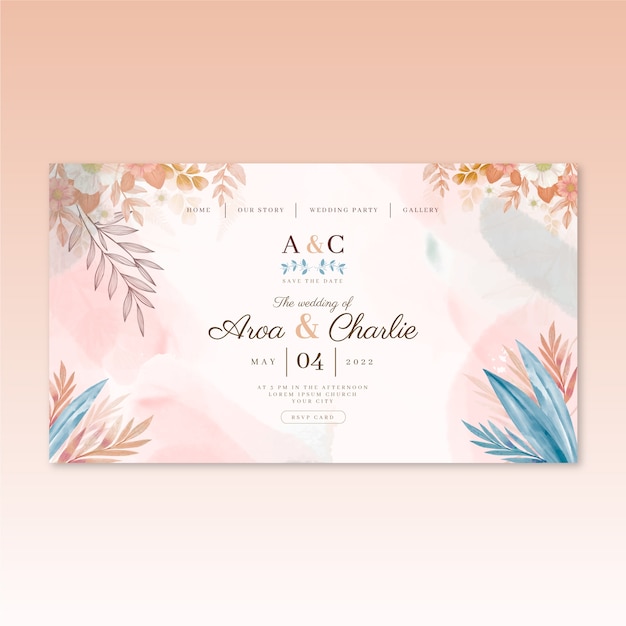 Página inicial de casamento adorável com manchas de aquarela