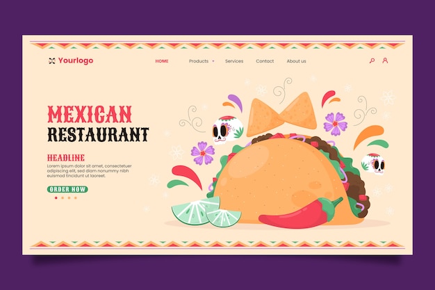 Página inicial de comida mexicana com design plano