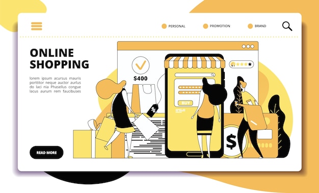 Página inicial de compras online. vendas de comércio eletrônico, pessoas com smartphone fazendo pagamento pela internet em loja on-line. ilustração de pedido de compra, cartão de pagamento e comércio eletrônico