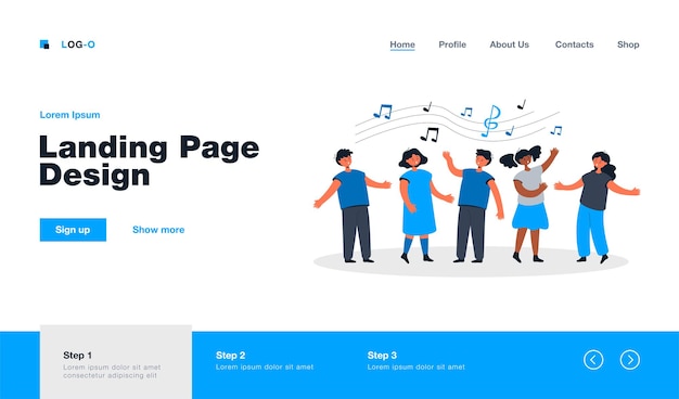 Vetor página inicial de crianças cantando canções em estilo simples