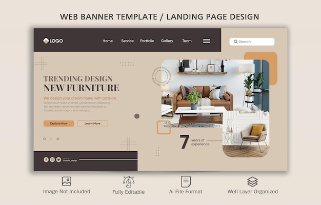 Página inicial de design de interiores para casa, modelo de banner da web