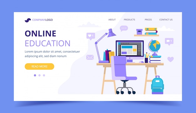 Página inicial de educação on-line com uma mesa de estudante com diferentes itens de estudo.