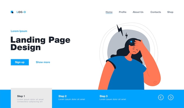 Página inicial de mulher triste com dor de cabeça em estilo simples