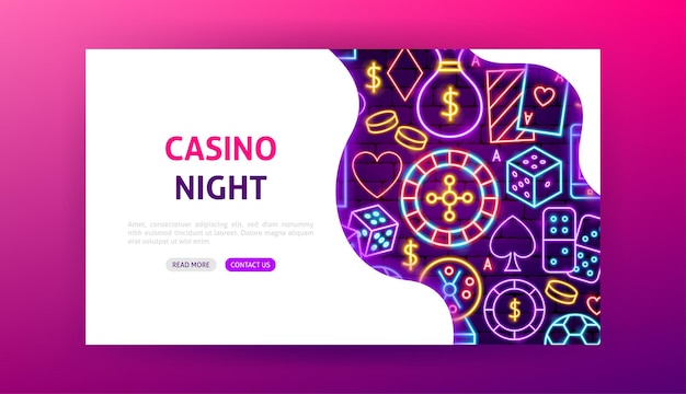 Página inicial do casino night neon. ilustração em vetor de promoção de jogos.