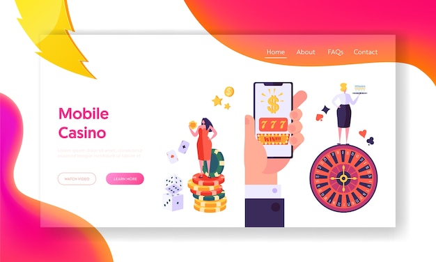 Página inicial do conceito de jogo do casino móvel online. feminino win  fortune game. pessoas jogam roleta ou blackjack lucky concept site ou  página da web. ilustração em vetor plana dos desenhos animados