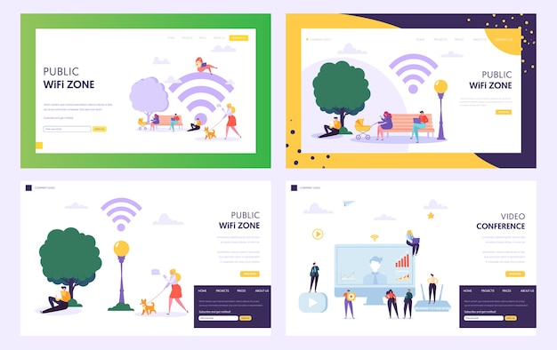 Página inicial do conceito de zona de ponto de acesso WiFi público. Personagens masculinos e femininos usam a Internet no parque. Pessoas com site ou página da Web de laptop ou smartphone. Ilustração em vetor plana de vídeo-conferência