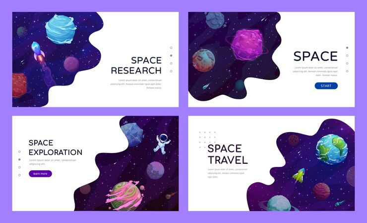 Vetor página inicial do espaço com a nave espacial dos planetas da galáxia