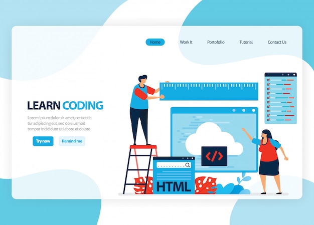 Página inicial para aprender programação e codificação. desenvolvimento de aplicativos com uma linguagem de programação simples. ilustração plana