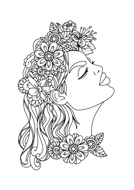 Página para colorir adulta de mulher floral