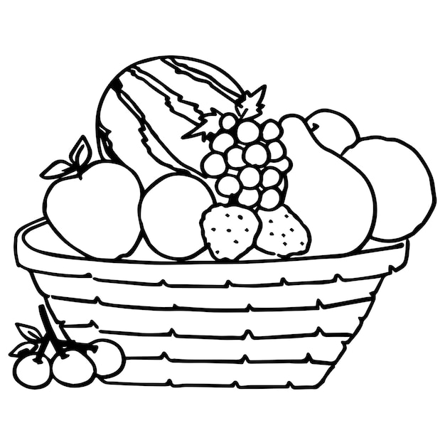 Página para colorir cesta de frutas para crianças, ilustração vetorial eps e imagem