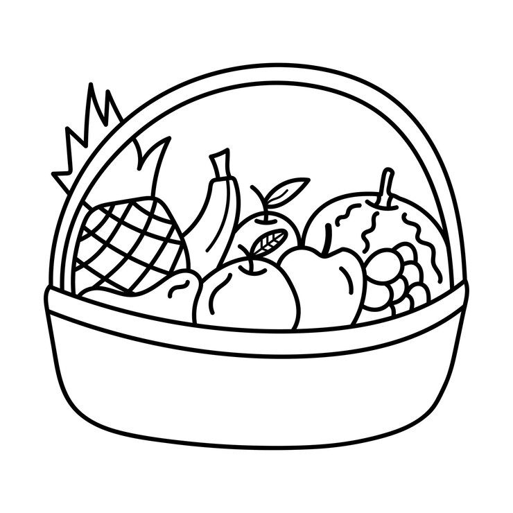Vetor página para colorir cesta de frutas para ilustração vetorial infantil eps e imagem