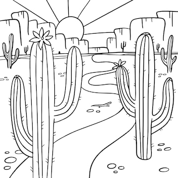 Vetores de Página De Colorir Com Paisagem Do Deserto Do Arizona Desenhado À  Mão Em Preto E Branco Linha Deserto Com Saguaro E Cactos De Opuntia  Florescendo Em Frente Às Montanhas E