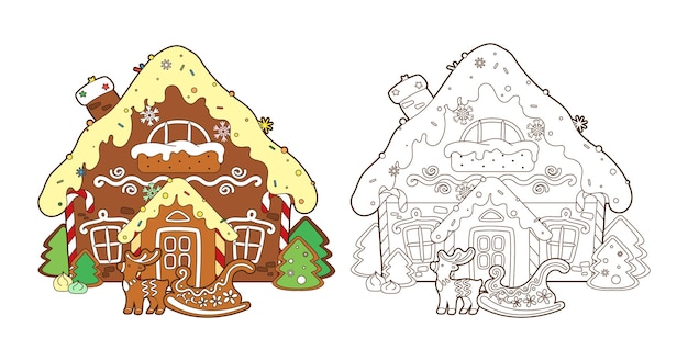 Página para colorir com casa de gengibre, doces de natal e vetor de árvore de natal de ano novo