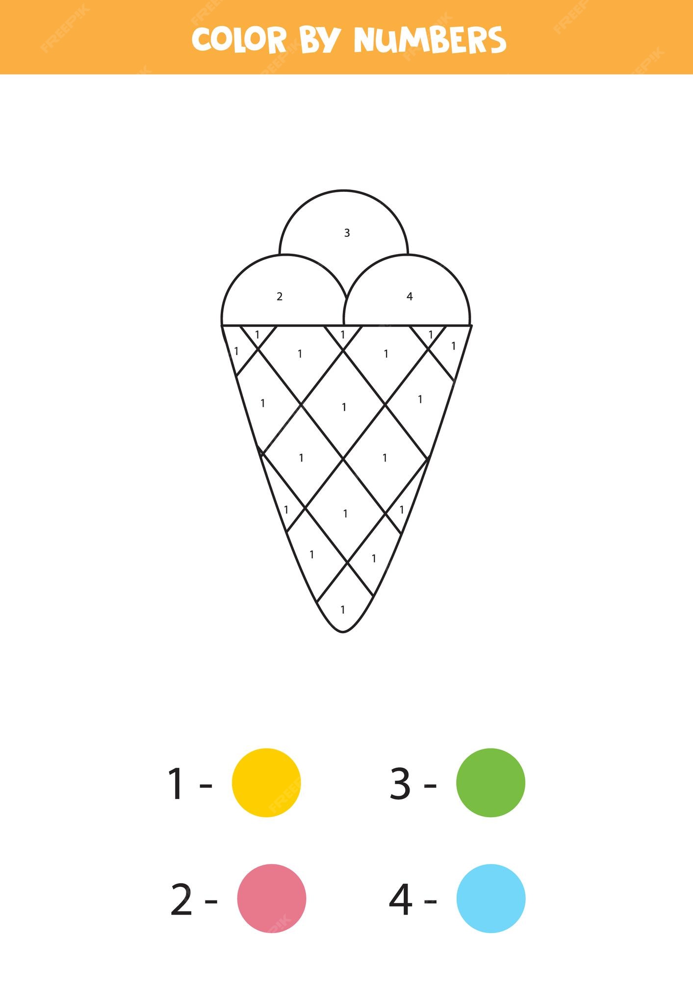 Página para colorir com casquinha de sorvete bonito dos desenhos animados.  colorir por números. jogo de matemática para crianças.