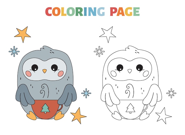 Página para colorir com coruja kawaii e chocolate quente na caneca