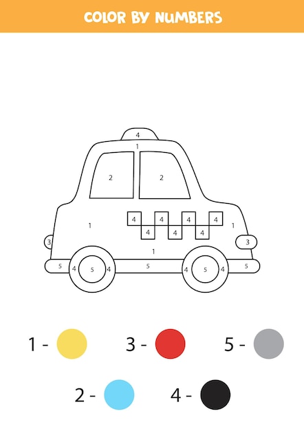 Página para colorir com desenho de táxi. colorir por números. jogo de matemática para crianças.