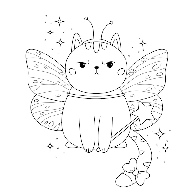 Página para colorir com gato kawaii fofo em fantasia de borboleta