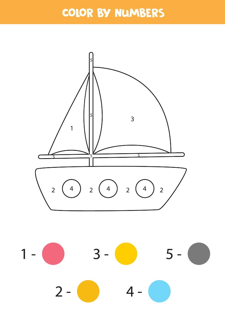 Vetor página para colorir com iate dos desenhos animados. colorir por números. jogo de matemática para crianças.