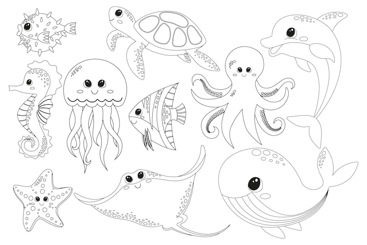Vetor página para colorir com ilustração de animais marinhos felizes e fofos para elemento de design em fundo branco