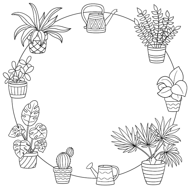 Página para colorir com moldura redonda de plantas de casa em vasos