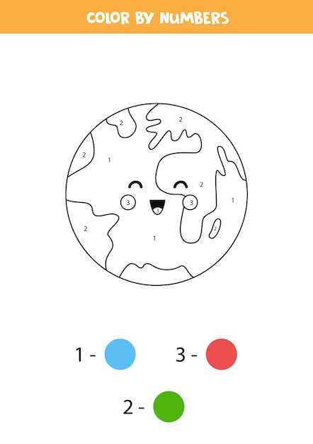 Página para colorir com o lindo planeta terra kawaii. colorir por números. jogo de matemática para crianças.