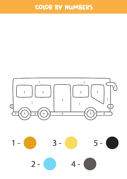 Página para colorir com ônibus urbano dos desenhos animados. Colorir por números. Jogo de matemática para crianças.