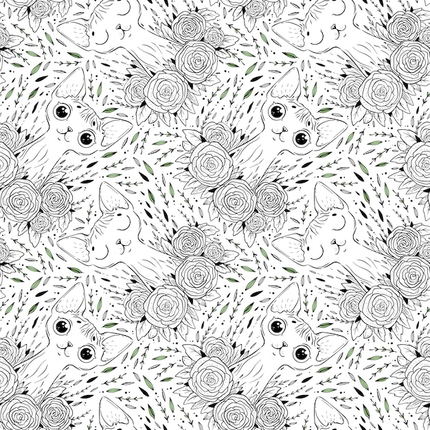 Página para colorir com padrão de gatos sphynx com flores rosas