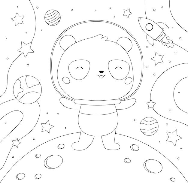 Panda bonito brincando no desenho da lua para colorir