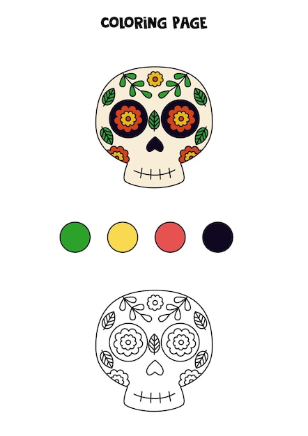 Página para colorir com planilha de caveira mexicana desenhada à mão para crianças