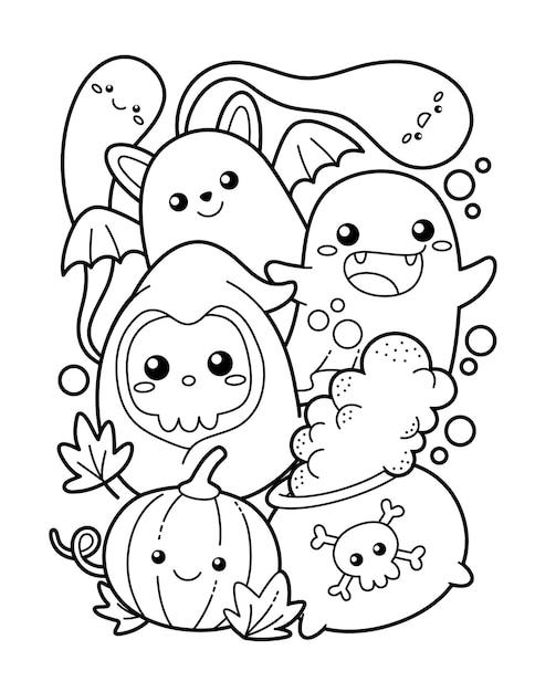 Página para colorir com tema de Halloween fofo e kawaii