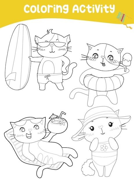 Página para colorir com tema de verão gatos kawaii fofos com atividades de verão folha para colorir para crianças