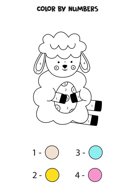 Página para colorir com uma cesta de páscoa cheia de ovos. colorir por  números. jogo de matemática para crianças.