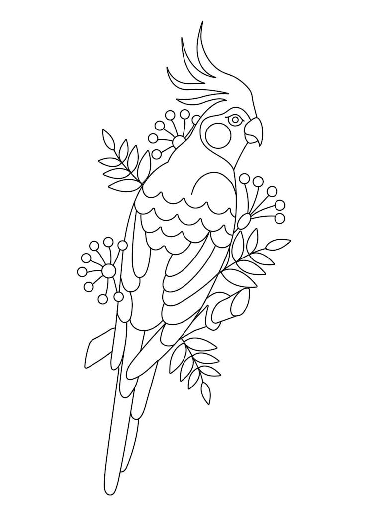 Vetor página para colorir com um pássaro, um papagaio senta-se em um galho com flores e folhas. contorno de pássaro tropical