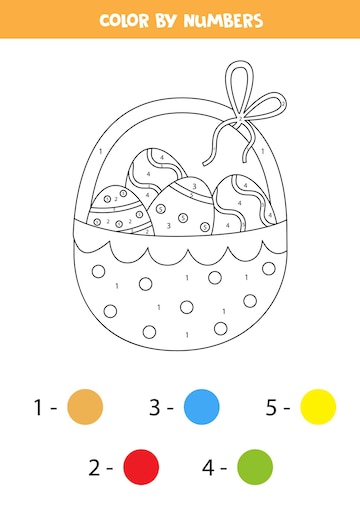 Página para colorir com uma cesta de páscoa cheia de ovos. colorir por  números. jogo de matemática para crianças.