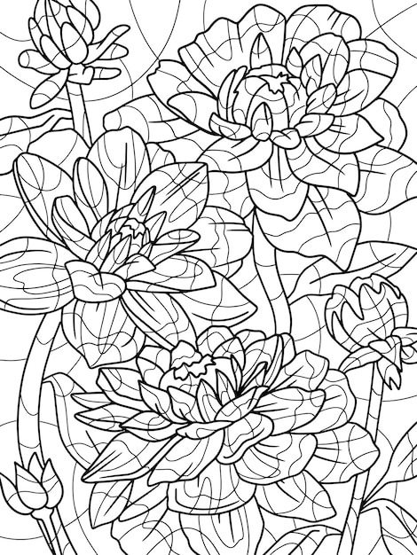 Página para colorir com uma flor de lótus e folhas.