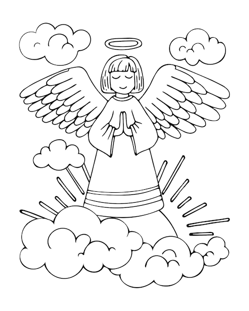 Página para colorir de anjo oração pela paz no céu celestial santo anjo da guarda desenho de linha vetorial desenhado à mão livro de colorir para crianças e adultos esboço em preto e branco