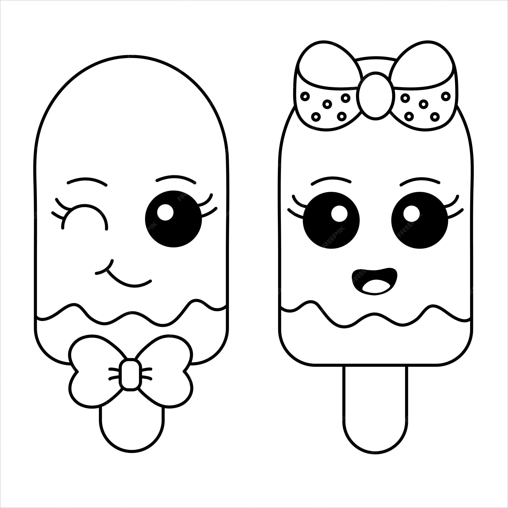 Página para colorir de casal de sorvete fofo sorvete kawaii com ilustração  de rosto sorridente popsic dos desenhos animados