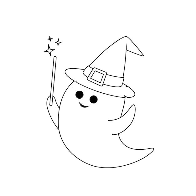 Página para colorir de chapéu fantasma e varinha mágica Vetor fantasma preto e branco